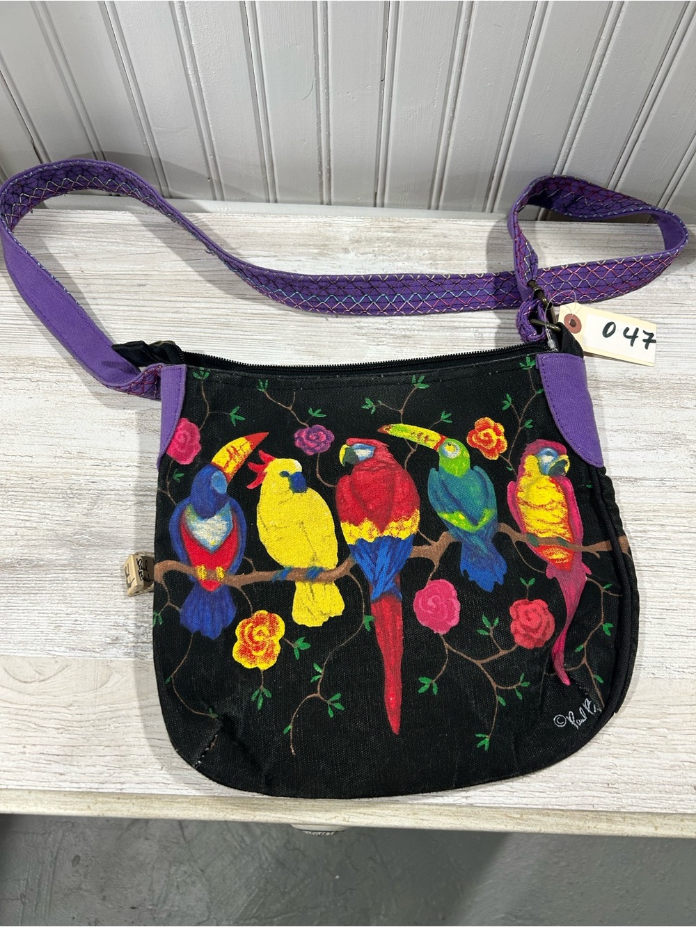 Colorful Parrot Embroidered Crossbody Bag with Purple Strap